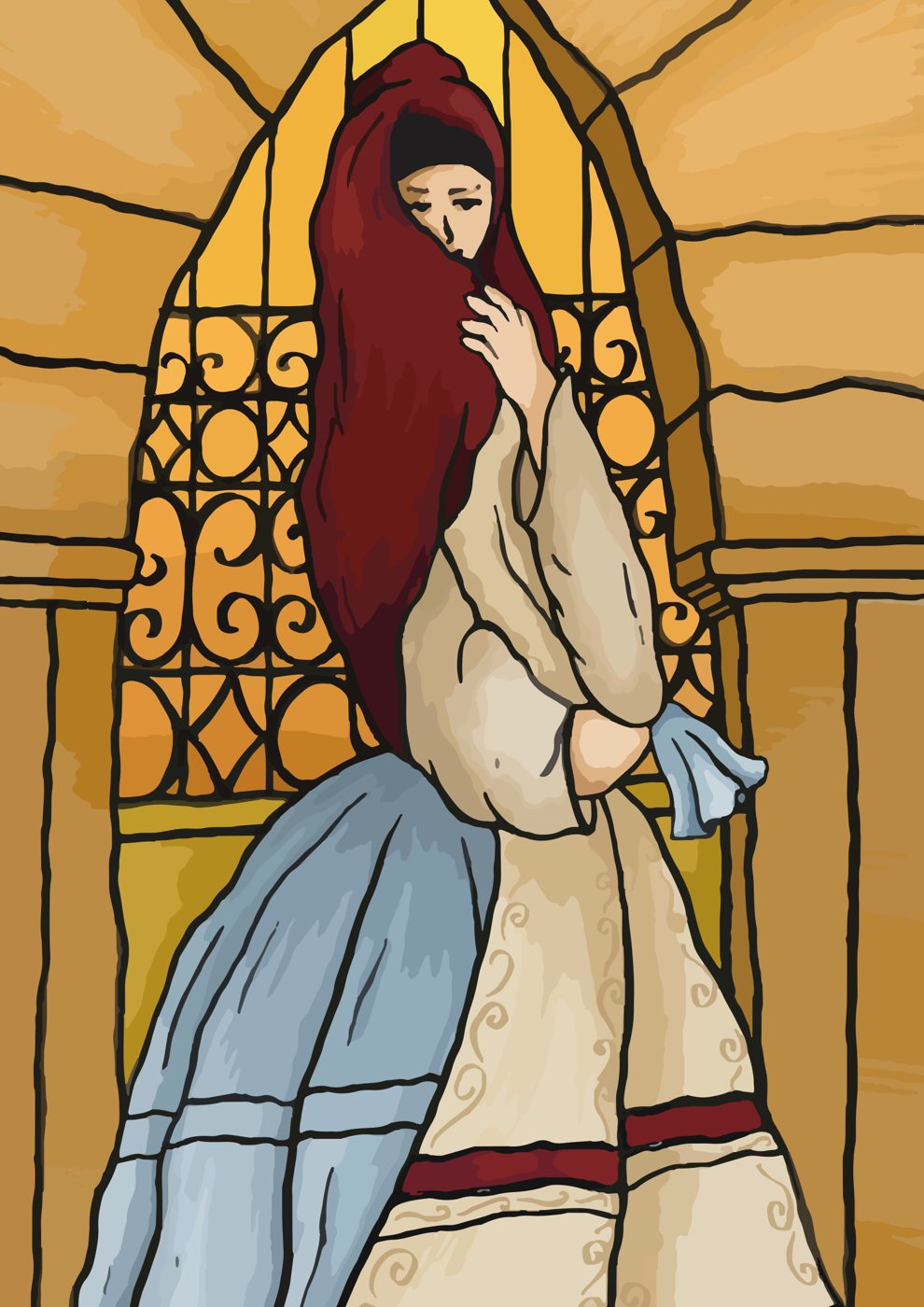 Ilustración de una tapada frente a un vitral, de la carta de La Tapada